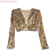 Trendy Glamorous Gold Sequined Long Sleeve Crop Jacket for Women Classy Clothes