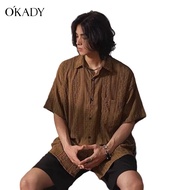 ◊☊❄ OKADY ใหม่เสื้อเชิ้ตหลวมสีทึบเรียบง่ายของผู้ชายกลวงเยาวชนแขนสั้นยอดนิยม