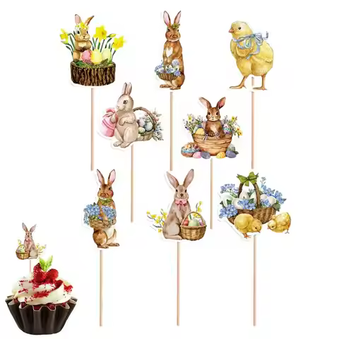 8pcs Easter cake inserts deco Cake tag Bunny Easter holiday party cake decoration Insert Card for Ea