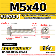 สกรู น็อต หัวหกเหลี่ยมติดแหวน ติดจาน แฉก มีลาย สแตนเลส 304 เกลียวปล่อย M3M4M5M6 / Hex Washer Phil Se