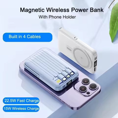 Magnetic Wireless Charger Magsafe Power Bank 20000mAh Built in Cables for iPhone 15 16 Xiaomi Samsun