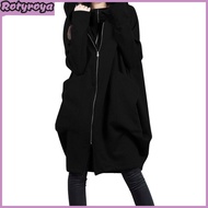 Women Hooded Long Sleeve Sweatshirt Coat Zipper Placket Big Pockets Fake Two Pieces Solid Color Mid-