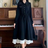 hitam putih midi dress baju wanita cantik elegan lengan panjang