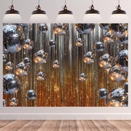 7x5ft Retro Disco Party Banner Backdrop Sparkling Silver Mirror Balls & Stage Spotlights 70s 80s The