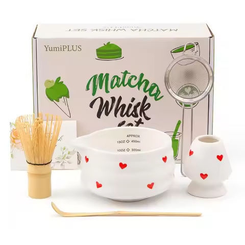 5pcs white heart-patterned matcha set (gift box), ceramic matcha tea set, including matcha bowl with