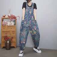 Casual Streetwear พิมพ์ดอกไม้ DENIM Jumpsuit ผู้หญิงหลวม Baggy กางเกงขากว้าง Rompers ขนาดใหญ่กระเป๋า