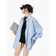 เสื้อเชิ้ตคอโปโลแขนยาวทรงหลวมสีน้ำเงินลายทางสไตล์อเมริกันย้อนยุคสำหรับผู้หญิง ICH MODE ฤดูใบไม้ผลิแล