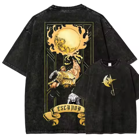 2026 summer Seven Deadly Sins Escanor Dual Sided Washed T-shirt Sun Axe Anime Print Oversized Cotton