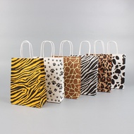 6PCS Kraft Paper Tote Bag Marble Leopard Print Pattern Christmas Gift Wrapping Gift Paper Bags Candy Ribbon