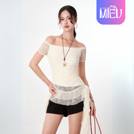 Áo trễ vai ren nhún bèo đính dây tiểu thư Cloudy Miều Est.2013