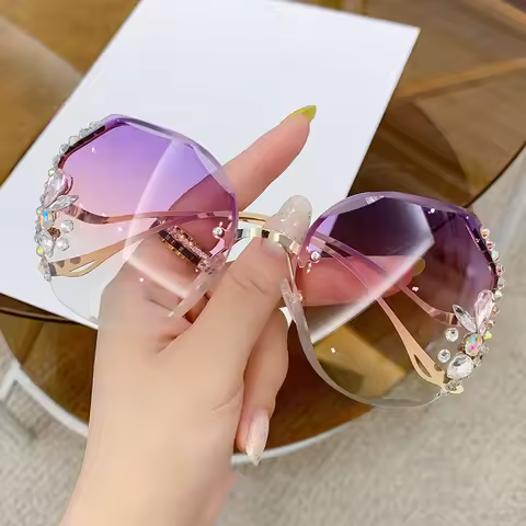Women's New Diamond Sunglasses Rimless Cut Edge Sunglasses Big Face Slimming Sunglasses