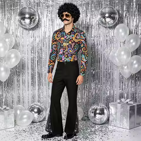 8 Pcs Mens 70's Disco Outfit Retro 70s Mens Costume For Adults 80s Bell Bottom Pants Short Sleeve Sh