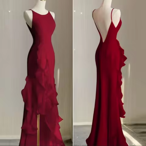 Romantic Prom Dress Elegant Split Spaghetti Straps Evening Gown Backless Floor Length Party Dress Ne