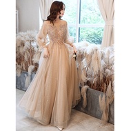 EAGLELY Champagne Evening Dress Long Sleeve Birthday Party Temperament Host Bridesmaid Annual Party 