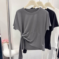 Áo Thun Cotton Pure Cotton Cross Waist Design round Neck Short Sleeve Womens T-shirt Thời Trang Mùa 