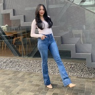 JINS & JONS - Mckenzie High Waist Cutbray Jeans Women's Long Leg Stretch Flare Jeans