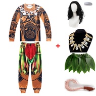 Moana  Maui Costume Cosplay Costume For Kids Boy Hook กระโปรงใบไม้ เสื้อยืดเครื่องแต่งกายคอสเพลย์ชุด
