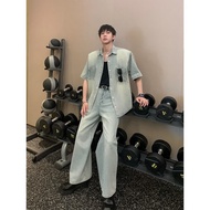Set Kemeja Denim Lengan Pendek Niche Gaya Korea untuk Lelaki Musim Panas Trend Amerika Jeans Longgar