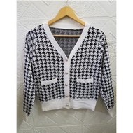 SK3035A -MSIA Ready Stock Women Knitted Outer Knitted Cardigan 小香风V领千鸟格提花长袖外套