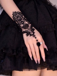 指尖無指花邊空心黑色復古宮廷風格設計手套,優雅的時尚感