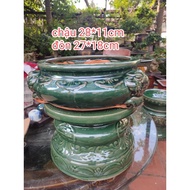 Pot with green enamel pedestal, pot 28*11cm, pedestal 27*18cm