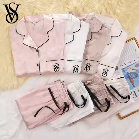 Victoria's Secret Womens Silk Satin Pajamas Set Short Sleeve Shorts Sleepwear Loungewear Soft Breath