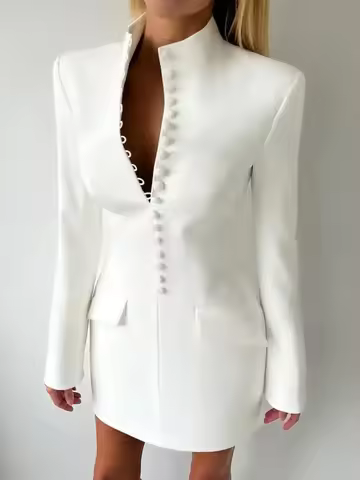 JULISSA MO Stand Collar Single Breasted Women Blazer Dress Black Long Sleeve Shoulder Pads Winter Sl