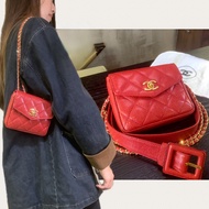 Chanel Vintage Caviar Skin Diamond Quilted Belt Bag In Red With CC Turn Lock（With Belt） + Chain 香奈兒紅