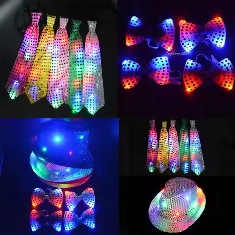 Woman Men Kids LED Light Up Sequin Fedora Jazz Hat Cap Gift Necktie Tie Neon Glow Party Bar Birthday