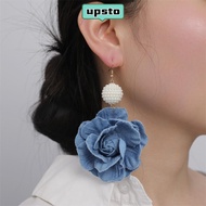 UPSTO Denim Blue Fabric Earrings, Handmade Exaggerate Blue Rose Earrings, Ornament Denims Denim Flor