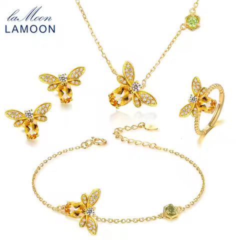 LAMOON Bee Sterling Silver 925 Jewelry Sets For Women 1ct Natural Citrine Rings Bracelet Necklace Ea