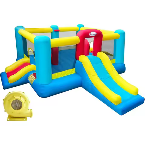 Big Inflatable Bounce House for Party 17.9ft x 16.25ft with Three Slides Basketball Hoop Double Fun 