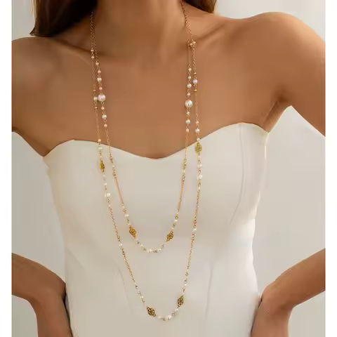 New Trendy Personality Temperament Imitation Pearl Long Tassel Necklace for Women Fashion Statement