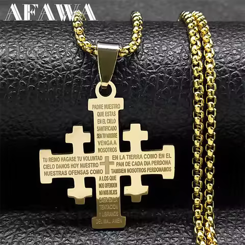 Christian Jerusalem Cross Pendant Necklace for Men Women Stainless Steel Bible Verse Lord's Prayer C