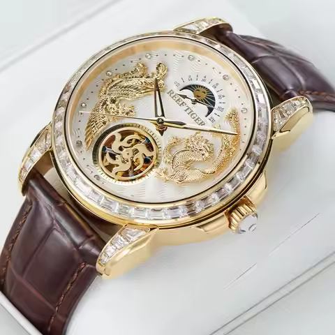 Reef Tiger "Artist Series" Men's Automatic Watch – "Dragon and Phoenix" Motif | Moon Phase | Leather
