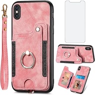 Phone Case for iPhone Xs X 10 10s Wallet Cover with Tempered Glass Screen Protector and Wrist Strap RFID Credit Card Holder Ring Stand iPhoneX iPhoneXs iPhone10 i PhoneX SX 10x 10xs X’s Women Pink