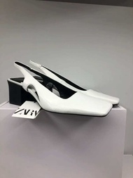 📦Stockพร้อมส่ง35-41✔️ZARAจากshop รองเท้าหนังเเท้สีขาวส้นหนาสั้นหัวตัดรัดส้น