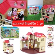 บ้านตุ๊กตากระต่าย DIY ขนาดตัวบ้านใหญ่ 45 x 35 x 36 ซม. ตุ๊กตา2ตัว เฟอร์นิเจอร์ และมีไฟเปิดปิด แถมฟรี
