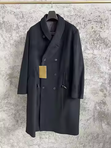 TOP-YAMAMOTO wool horn buckle pleated black long windbreaker Limited Edition for Aoyama