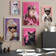 O5MD Animal Pink Cat Drinking Coffee Posters Canvas Painting Print Cat Art Room Home Kitchen Bar Caf