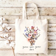 Women Large Capacity Canvas Tote Bag Floral Verse John 1:17 Print Beige Pink Reu