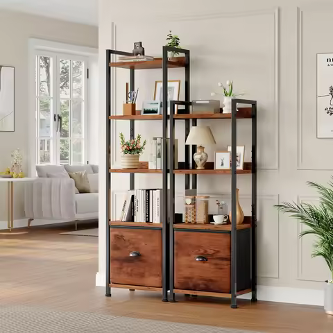 JHK Wood 5 Tier Bookshelf with 1 Fabric Drawer Multi-Functional Display Standing Shelf for Books Mov