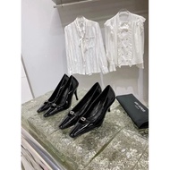 [1:1]High Version Roland/Sa1nt Lau@rent YSL Patent Leather Square Toe Thin Heel Single Shoes r@se Pa