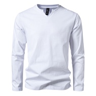 เสื้อลำลองคอยาวแขนเสื้อรูปตัว V ของผู้ชายเสื้อเสื้อยืดแบบยาวเข้ารูปพอดีเสื้อยืดผ้าฝ้าย Henley