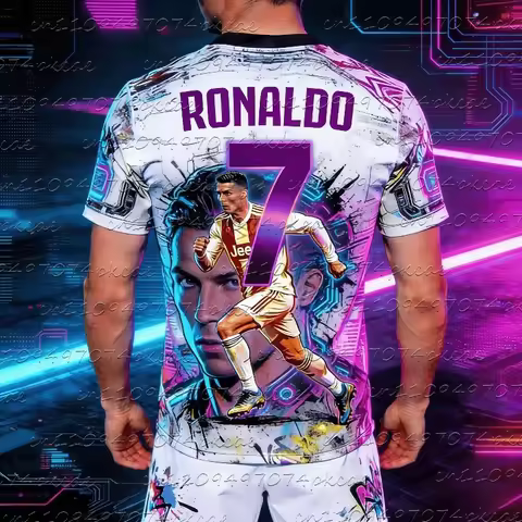 2Pcs Ronaldo #7 Cyberpunk Neon Graffiti Crew Neck T-shirt+Shorts Adult Summer Sports Football Jersey
