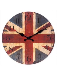 1個裝飾英國國旗圖案的大型復古木質牆掛時鐘,靜音無滴答聲12英寸,適用於家居和廚房裝飾