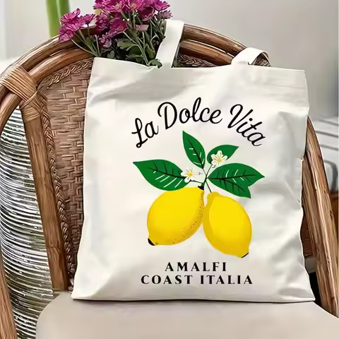 La Dolce Vita Lemon Canvas Tote Bag Italian Summer Style Shopping Bag with Fresh Lemon Green Leaf Be