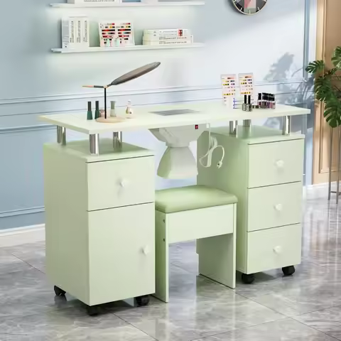 Nail Desk and Chair Set with Dust Collector, Arm Rest, 8 Wheels, Storage Cabinet for Salon Manicure 