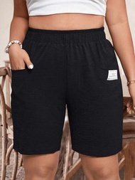 SHEIN Essnce 大尺碼女式彈性腰帶字母貼布百慕達短褲（附口袋）
