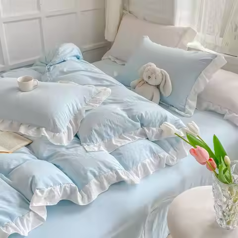 Korean Princess Style Duvet Cover Set No Filling Pink Blue Soft Washed Cotton Girls Favorite Ruffles
